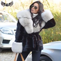 woman fashion mink fur coats short full pelt mink fur jacket with fox fur lapel collar and cuff woman plus size coat outwear