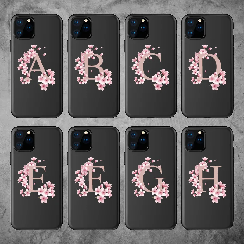 

Custom Cherry Blossom Flower A to Z Initial Alphabet Soft TPU Phone Case Cover For iPhone XS X XR 11 12Pro Max 8Plus X 7 7Plus