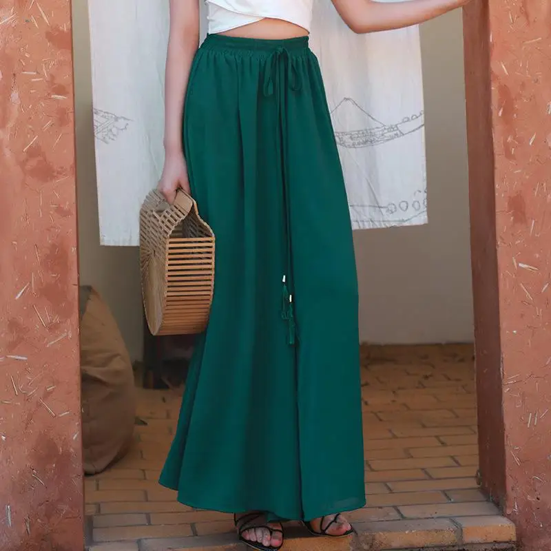 

Women Solid Color All-Match Chiffon Hakama Wide Leg Pants Women Casual Pants Loose High Waist Wide Leg Pants Holiday Style Trous