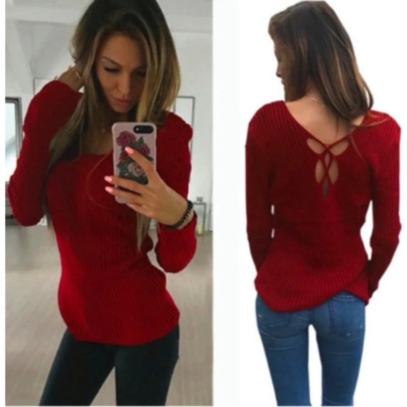 

2021 Sweater Women Autumn Winter Sexy Backless Cross Pullover Jumper Knitting Loose Clothes Fashion Sweater