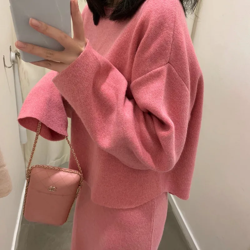 

Elegant Ladies Solid Cashmere Sweater Skirt 2 Piece Set Women Fashion o Neck Long Sleeve Knitted Pullovers Skirt Suits Winter