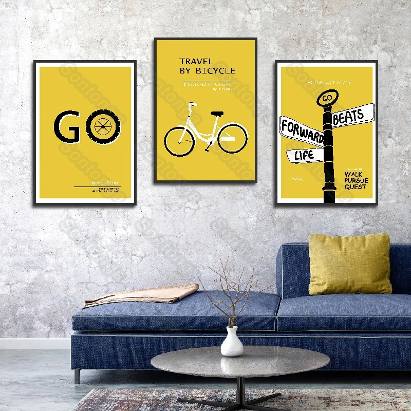 

Posters and Prints Bright Yellow Wall Art Canvas Painting Bike Pattern Decoration Modern Fashion for Living Room