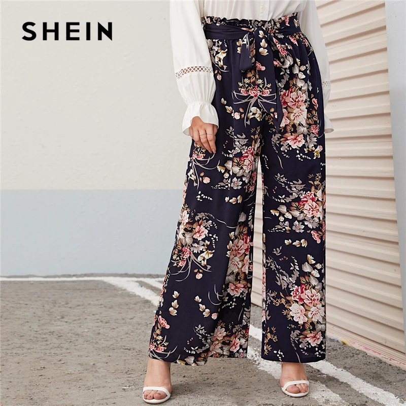 SHEIN плюс размер многоцветная бумажная сумка Талия цветочный принт широкие брюки для женщин осень весна Boho поясом длинные свободные брюки