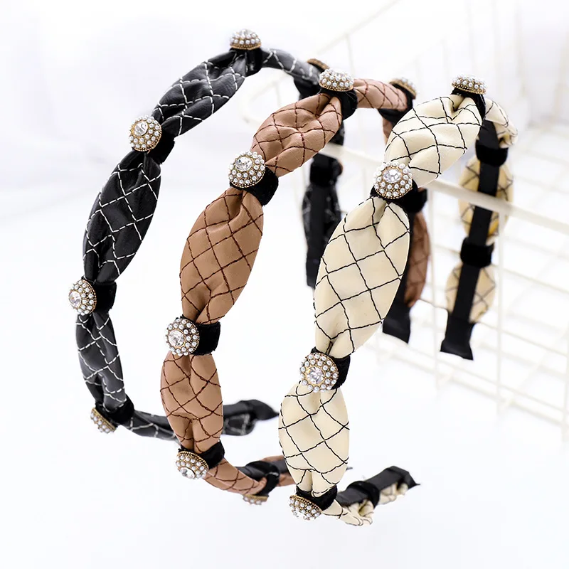 

2020 Hair Accessories For Girls Leather Rhinestone Headband Women Folds Wide Side Hairband scrunchies Headwear opaska do wlosow