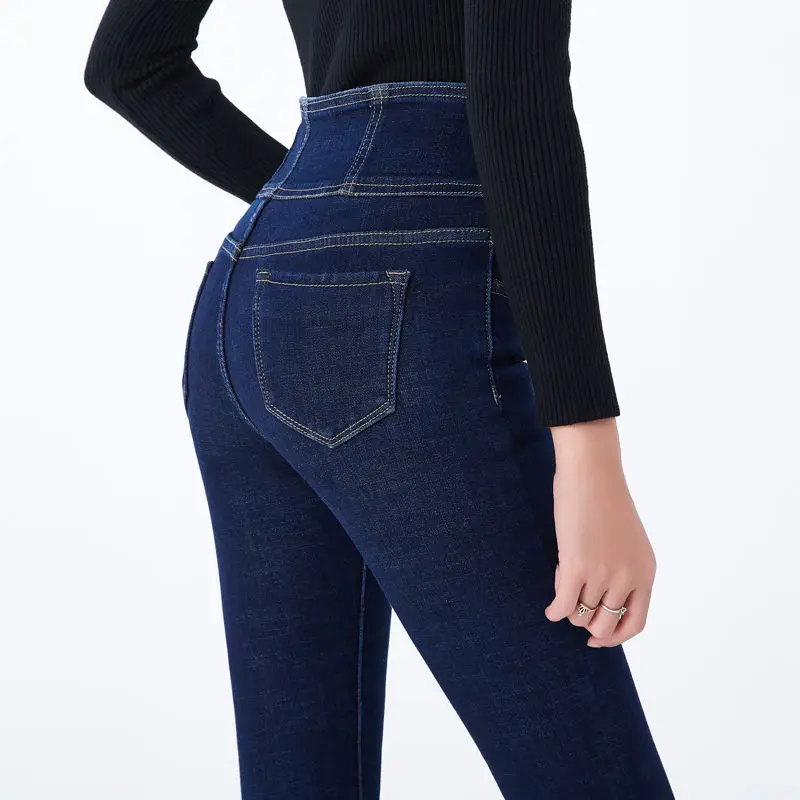 

streetwear High Waist thickening skinny denim pants women plus size warm stretch Pencil jeans Mom's slim waist velvet jeans