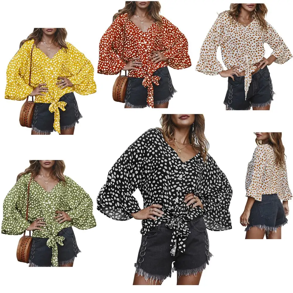 Блузка в горошек Женская Повседневная на пуговицах с расклешенными рукавами