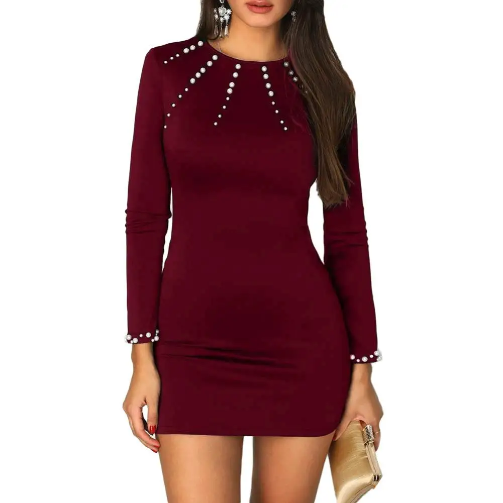 Women Solid Color O Neck Long Sleeve Imitation Pearls Decor Mini Dress 2020 Spring high quality | Женская одежда