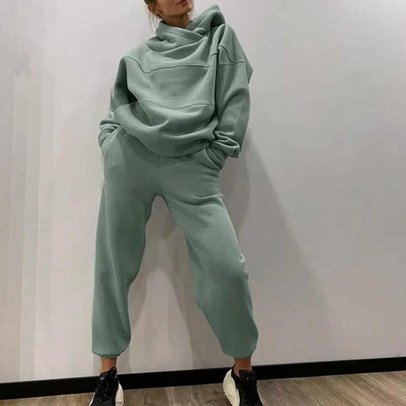 Повседневный Женский однотонный флисовый комплект из двух предметов Толстовка