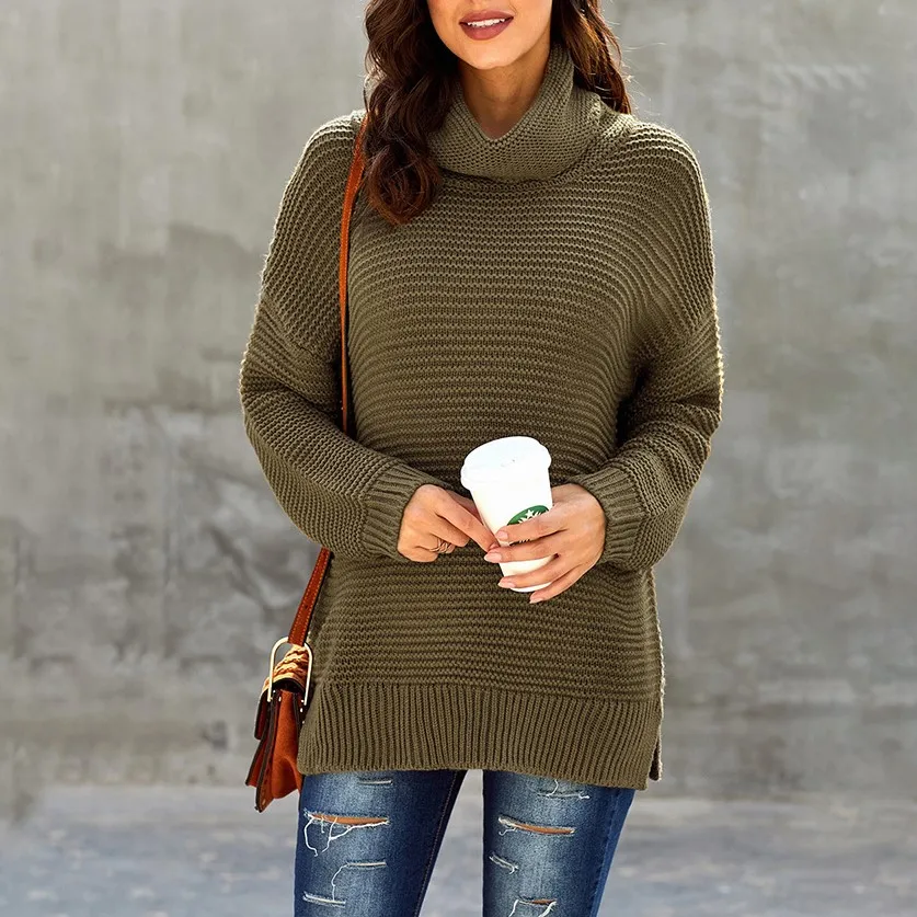 

Solid Color Turtleneck Long-Sleeved Pullover Sweater Autumn And Winter Casual Rib Knit Sweater For Women