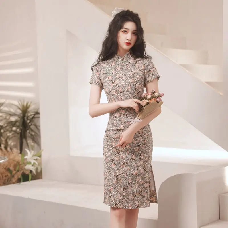 Женское шифоновое платье-Ципао с цветочной вышивкой на пуговицах | Тематическая