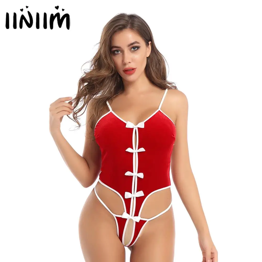

Womens Velvet Christmas Costume Clubwear Exotic Lingerie Teddies Bodycon Bowknot Lace Up Crotchless Sissy Fancy Parties Bodysuit