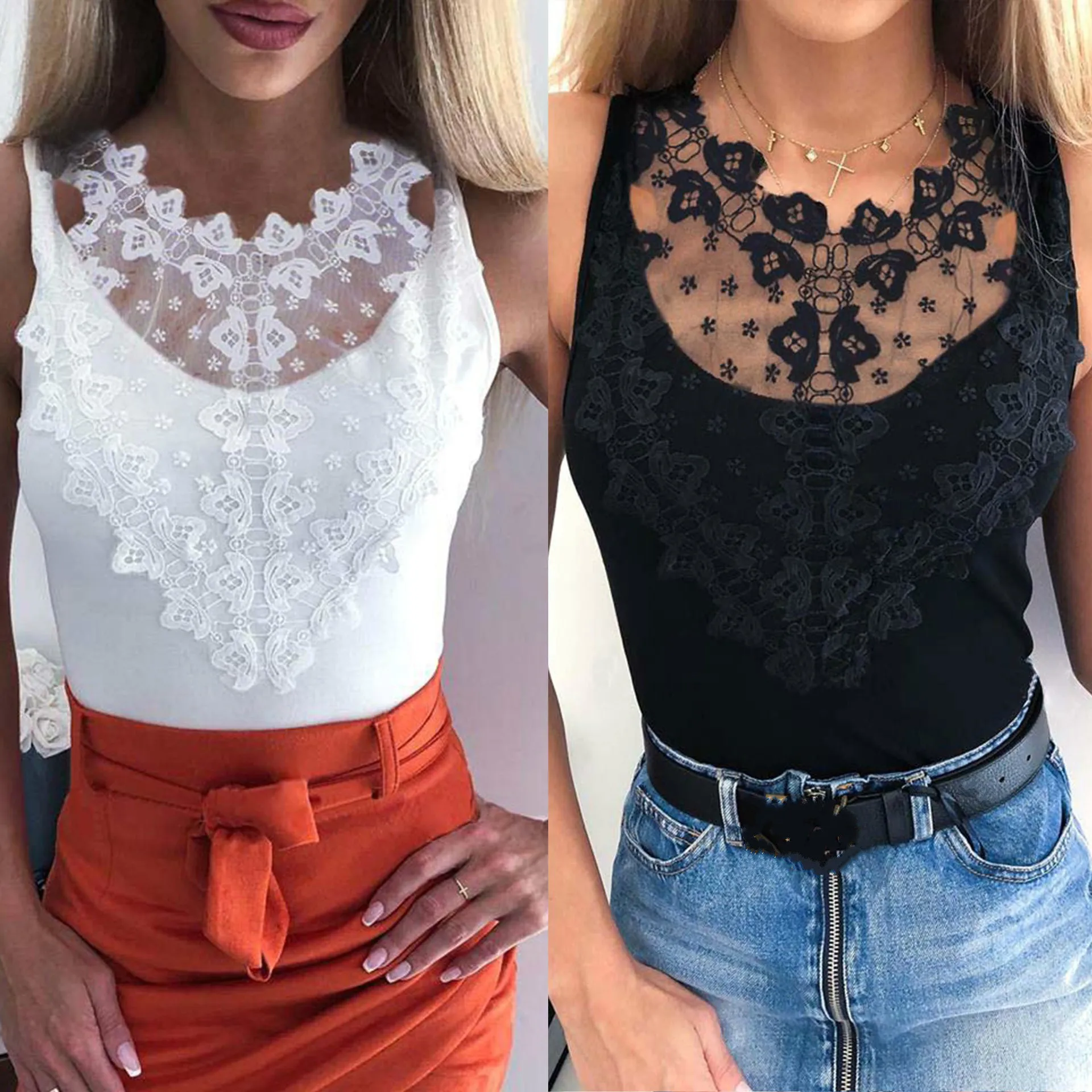 Женская блузка без рукавов с круглым вырезом и кружевом новинка 2019| |