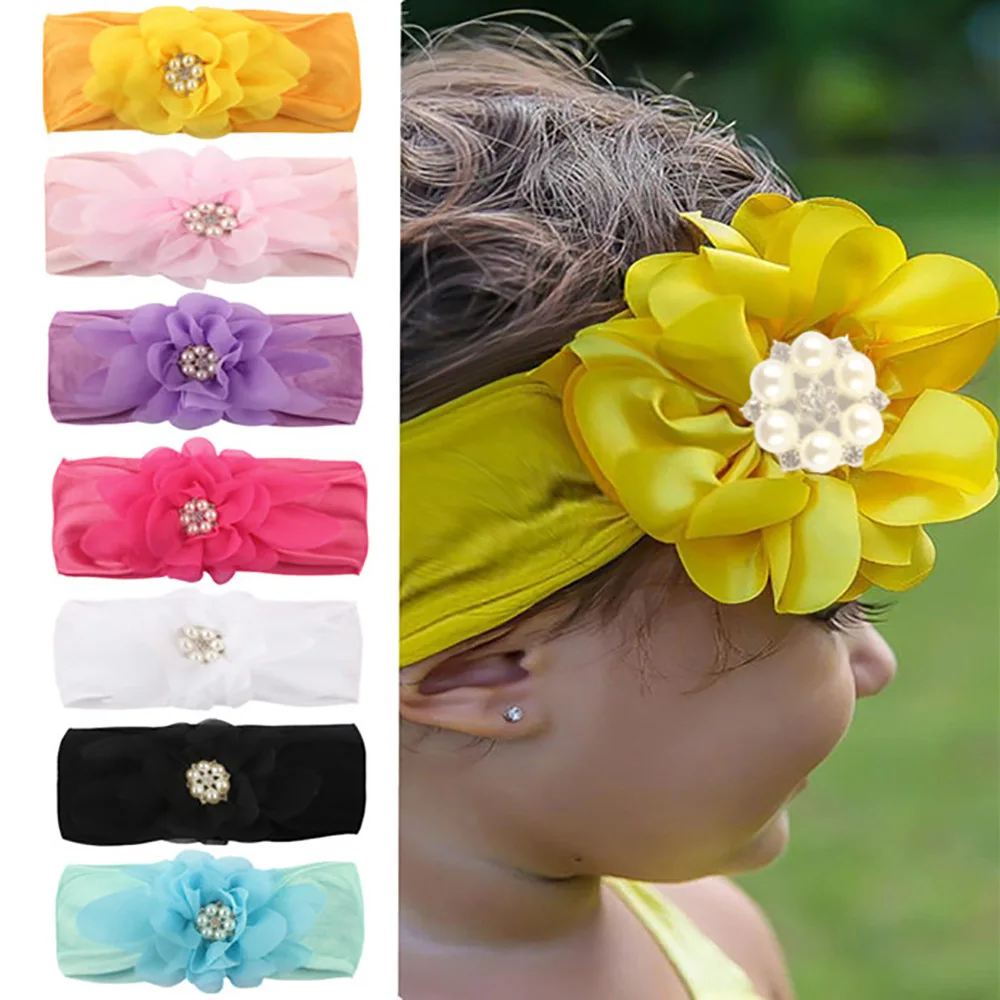 Шифоновая повязка на голову с цветами для маленьких девочек алмазным камнем