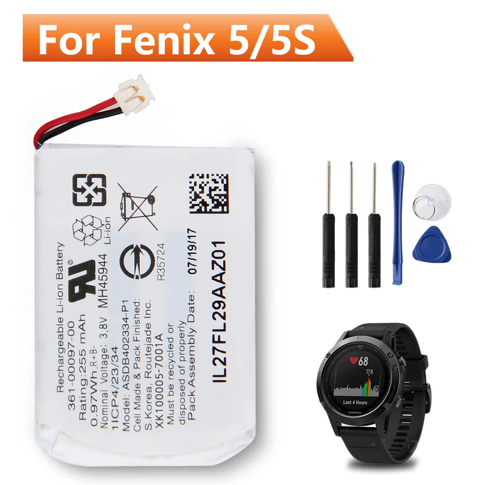 Оригинальная запасная батарея 361 00097 00 для Garmin Fenix 5 5S 00096 аккумулятор 255 мАч 00098