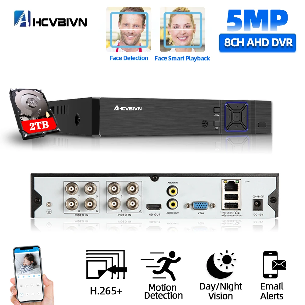 

AHD Video Audio Record Face CCTV 8CH Recorder H.265 5MP 4MP 1080P 6 in 1 Hybrid DVR XVi TVi CVI IP NVR For CCTV AHD&IP Camera