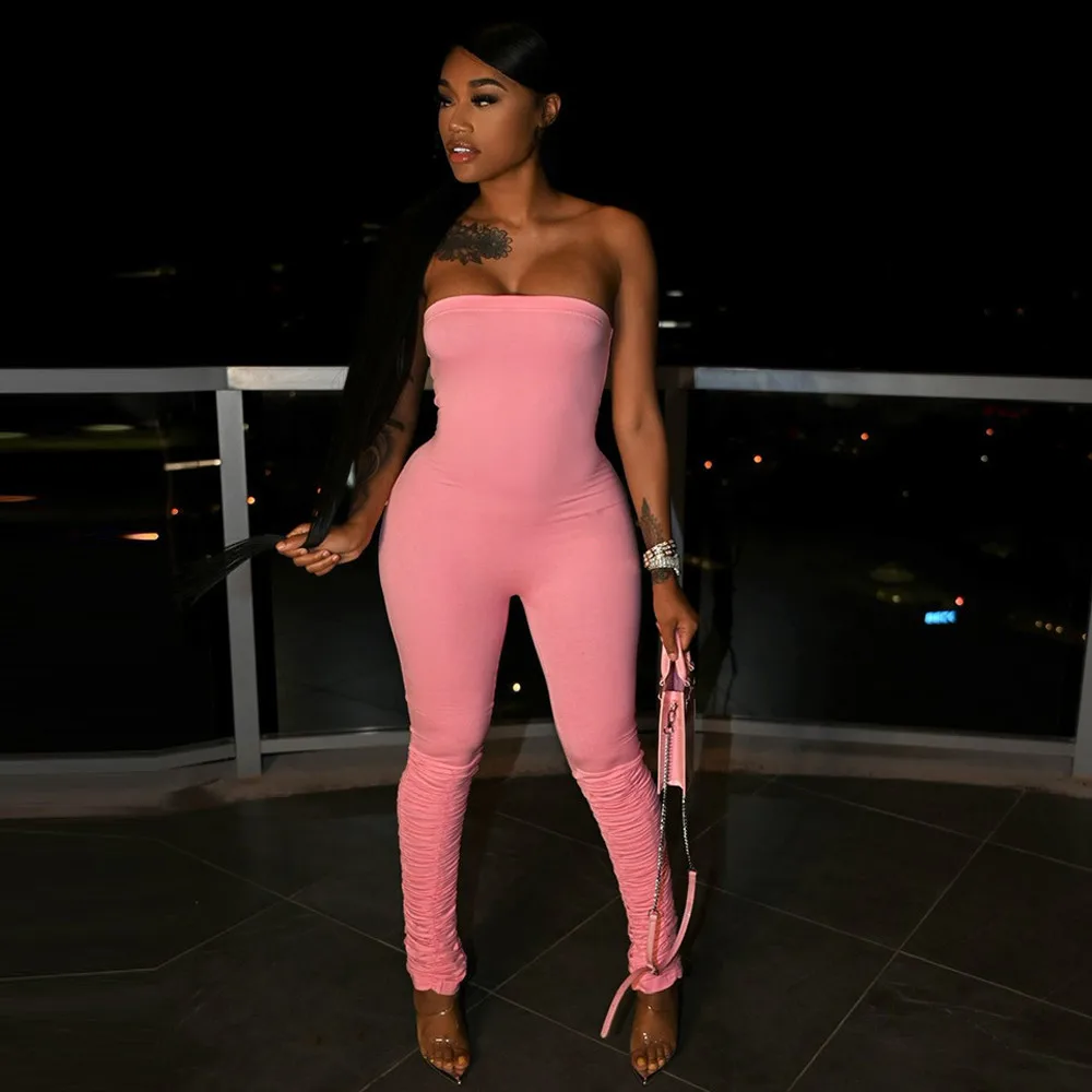 

Off Shoulder Slash Neck Ruched Stacked Romper Women Sleeveless Backless Skinny Solid Romper Streetwear Female Elastic Catsuits