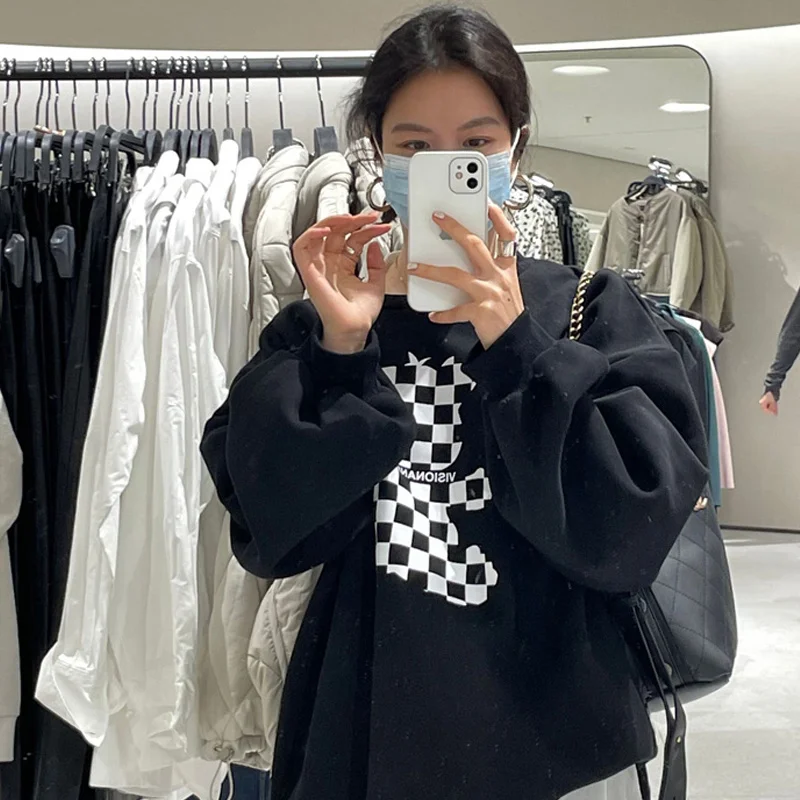 Женский утепленный свитер с круглым вырезом черно-белый плюшевый Свободный Топ в