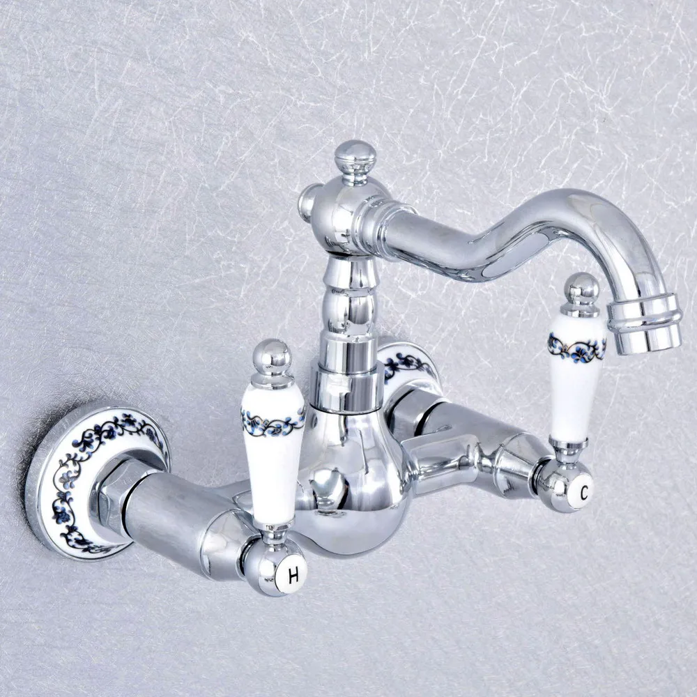 

Silver Polished Chrome Brass Wall Mounted Double Ceramic Handles Base Bathroom Kitchen Sink Faucet Mixer Tap Swivel Spout asf551