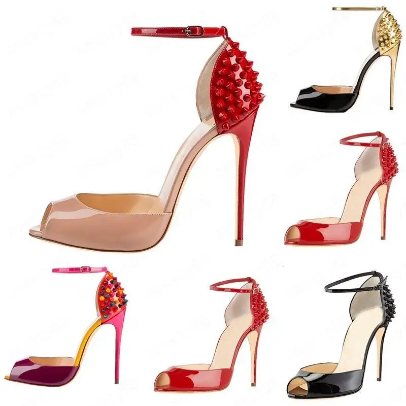 

Hot 2020 New Women fashion Rivets High Heels Dress Peep Toes Shoes Super High Heel Sandals Spiked Studded Red Bottom Pumps 10cm