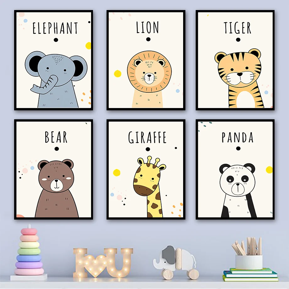 

Cute Animals Lion Tiger Elephant Giraffe Panda Nordic Posters And Prints Wall Art Canvas Painting Wall Pictures Kids Room Decor