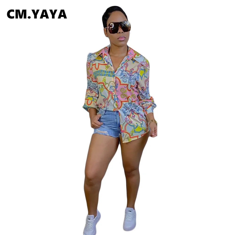 

Женская рубашка с принтом CM.YAYA, повседневная однобортная свободная Прямая рубашка с длинными рукавами и отложным воротником, уличная мода, ...