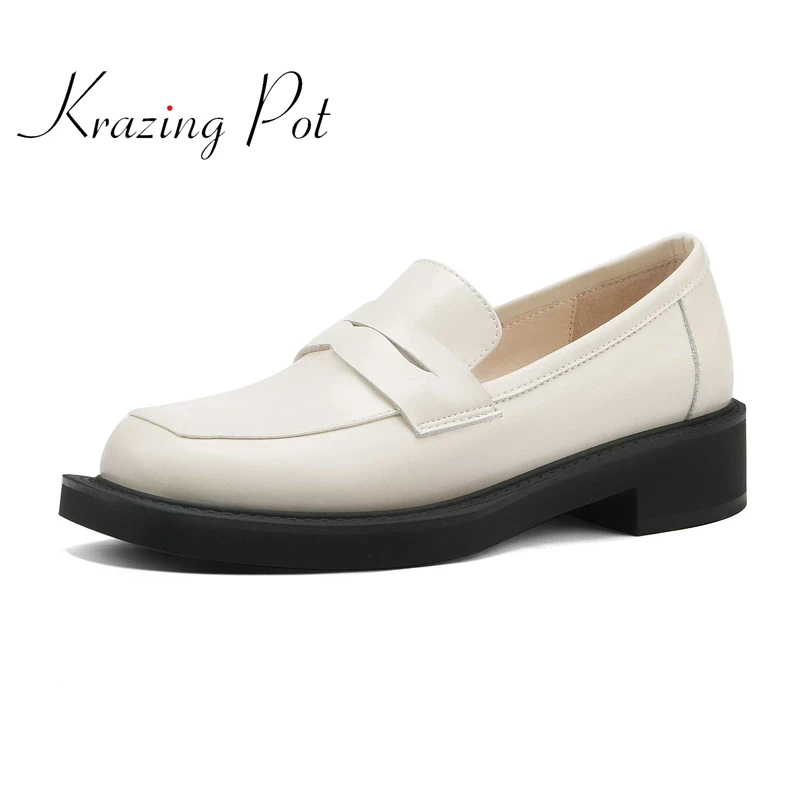 

krazing pot full grain leather round toe med heel loafers simple style classic colors all-match young lady cozy women pumps L11