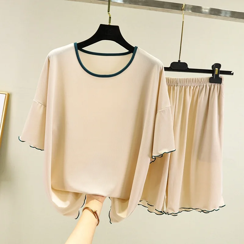 

2021 summer new style fungus side contrast suit female thin fashion casual suit breathable ice silk two-piece suit