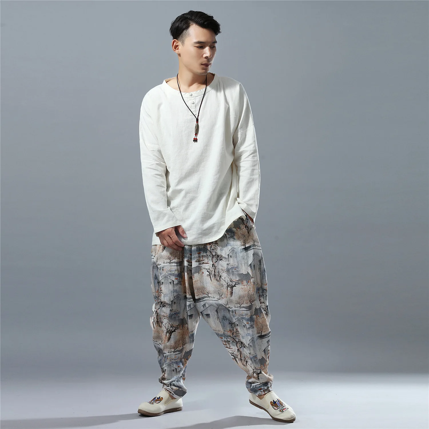 Men Yoga Pant Cotton Linen Nepal Harem Hippie Wide Leg Loose Sweatpant Bloomer Baggy Leisure Jogger Running Workout Track Pant