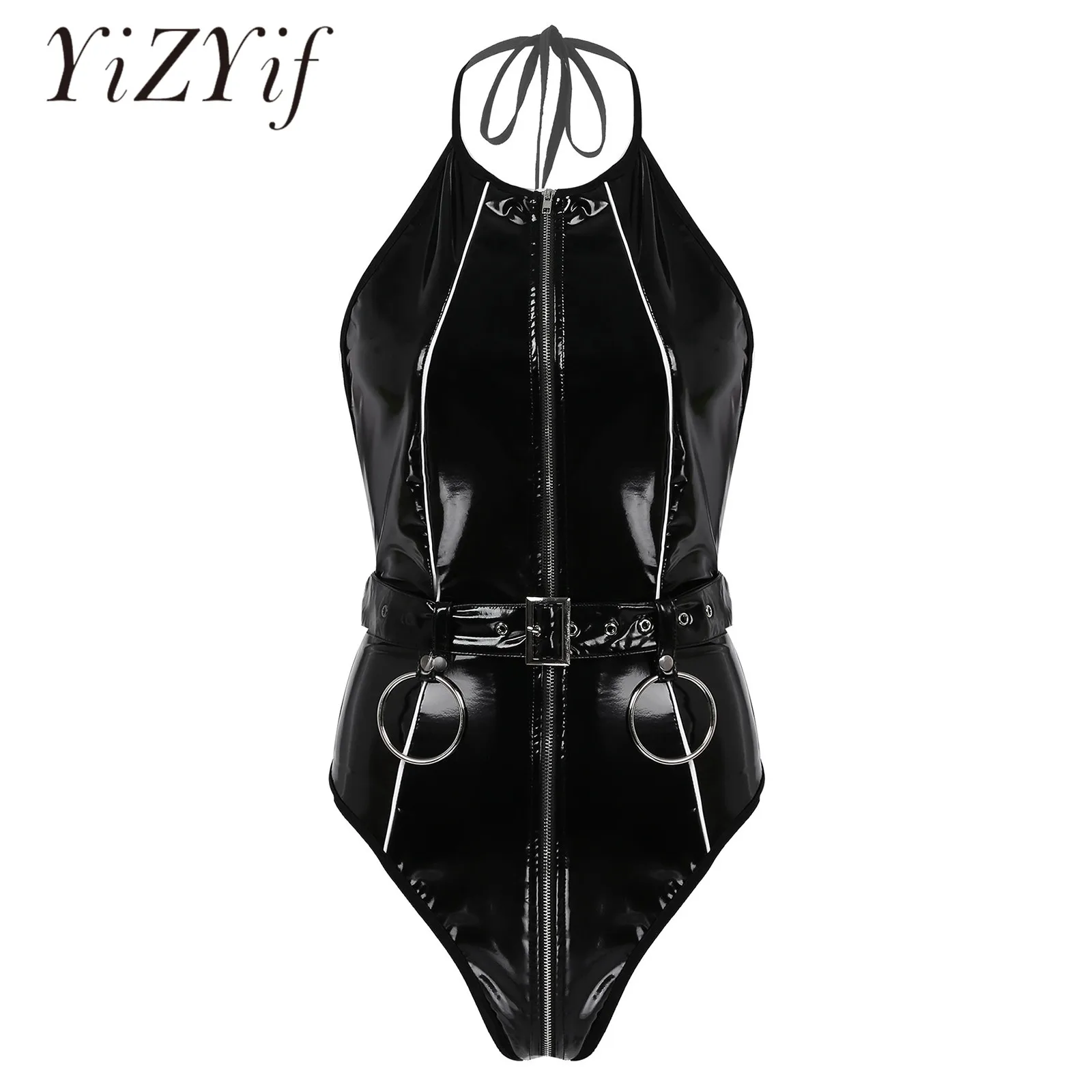 

Женское нижнее белье, латексный костюм-кошка, боди с лямкой на шее, трико с открытой спиной, костюм-кошка с регулируемым поясом, Клубная одеж...