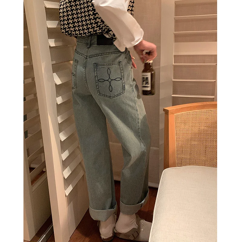 

Женские прямые джинсы светло-голубого цвета, маленькие брюки на весну и осень, новинка 2021, свободные широкие брюки с высокой талией