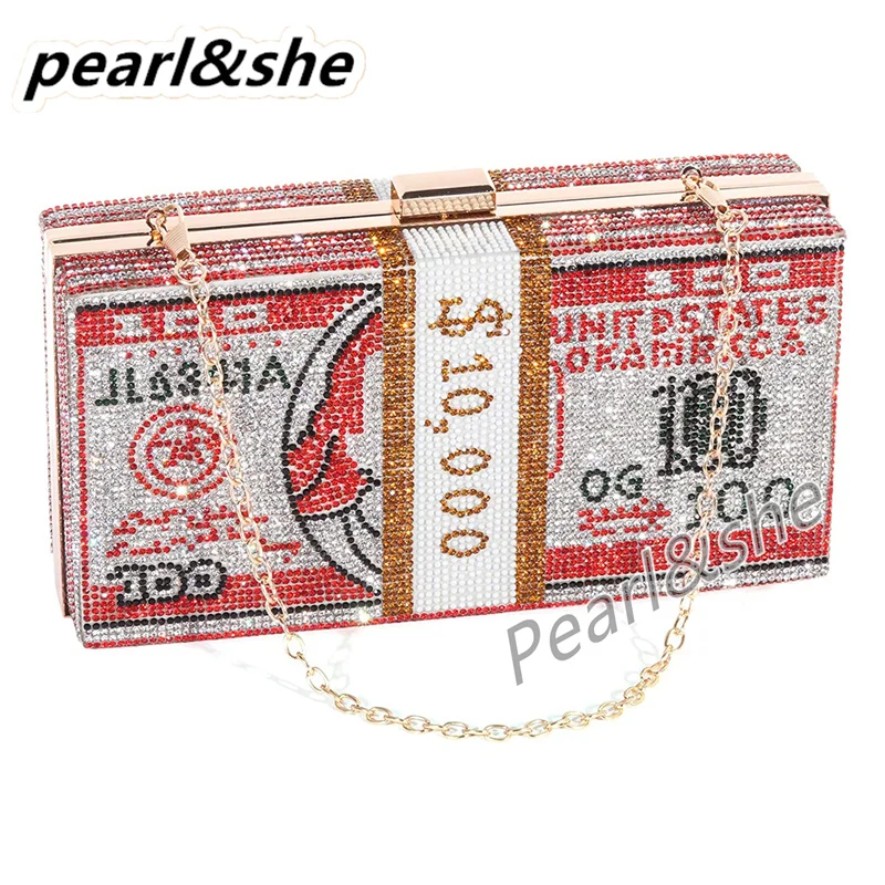 

Dollar Cash Circle Evening Bag Rhinestone Money Shoulder Bag Bill Diamond Clutch Purse Wedding Dinner Handbag