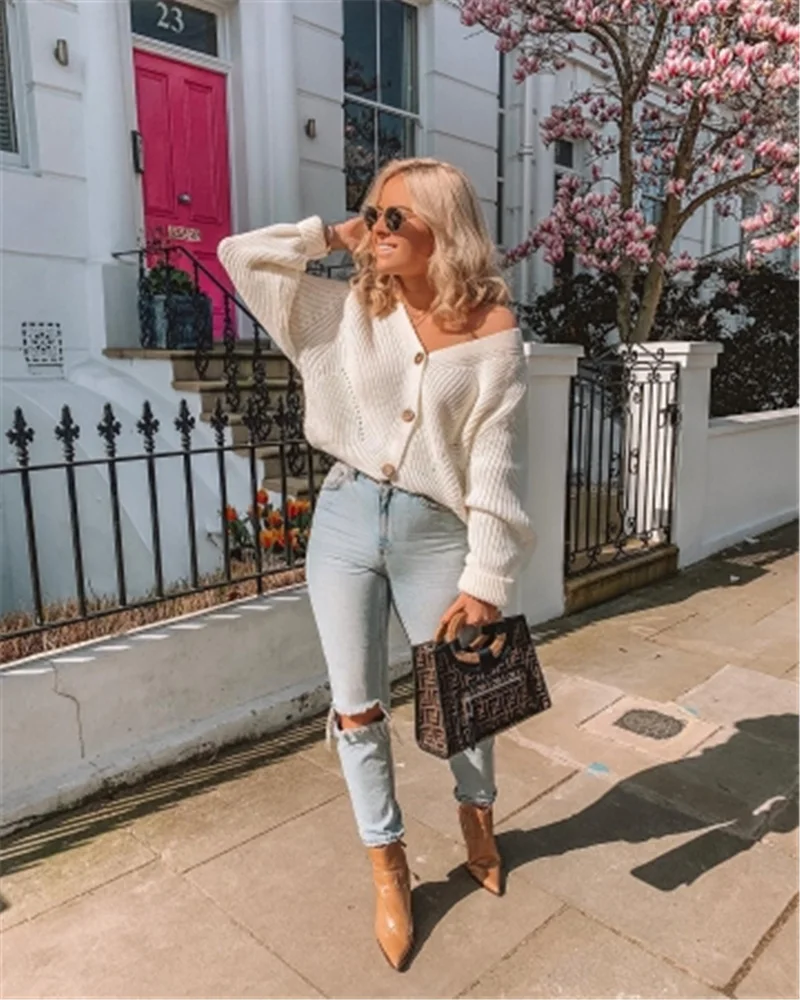 Женский кардиган на пуговицах вязаный с v-образным вырезом зимняя женская одежда