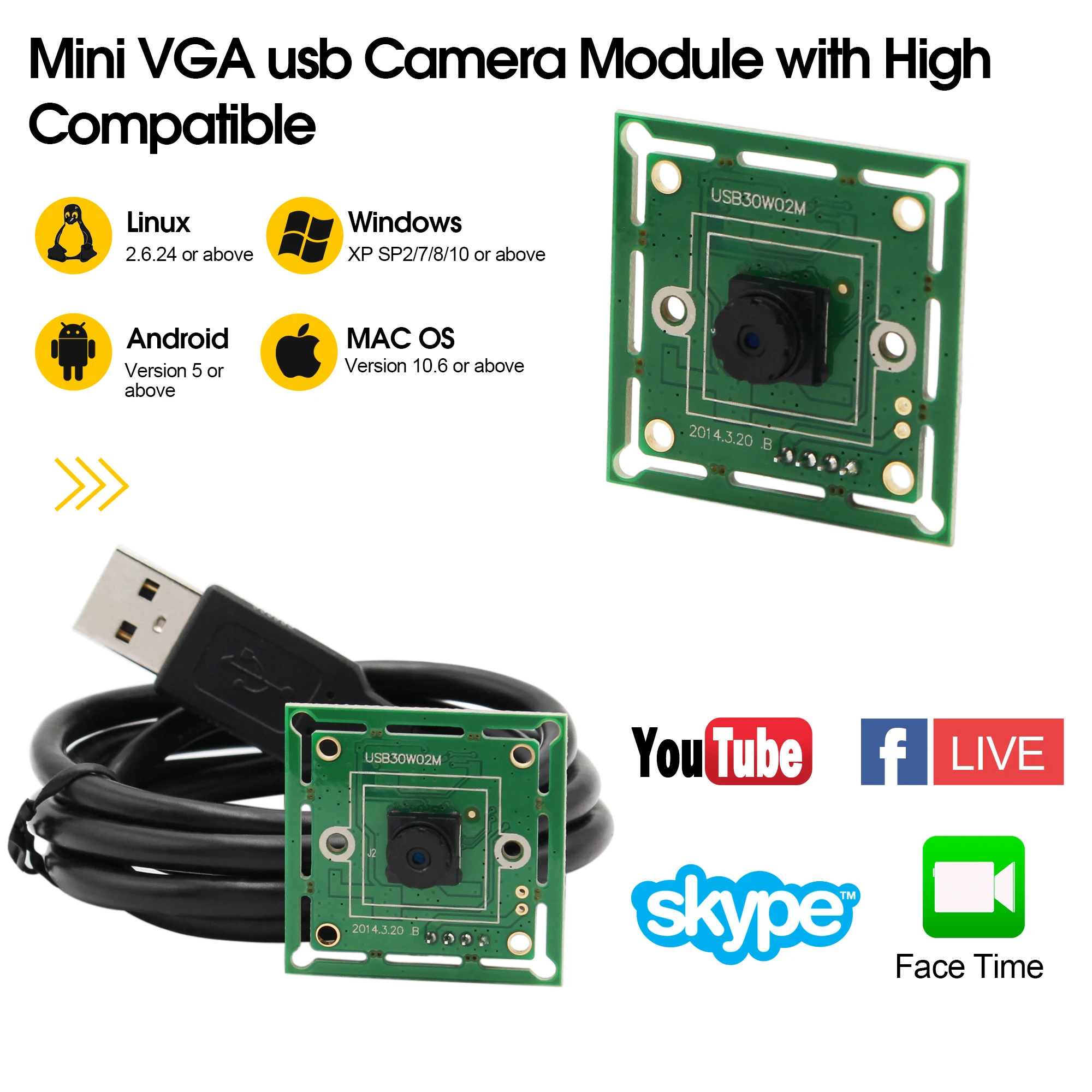 Модуль камеры ELP 640*480 VGA USB2.0 OmniVision OV7725 цветной CMOS датчик 32*32/26*26 мм mini USB с объективом