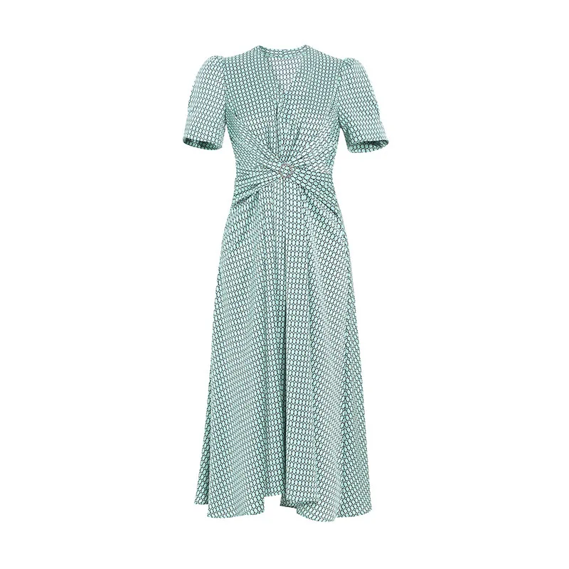 

Gezelligheid Dresses For Women 2021 Summer New Fashion Elegant Luxury Temperament Printed Long V-Neck Folds Checks Maxi Dress