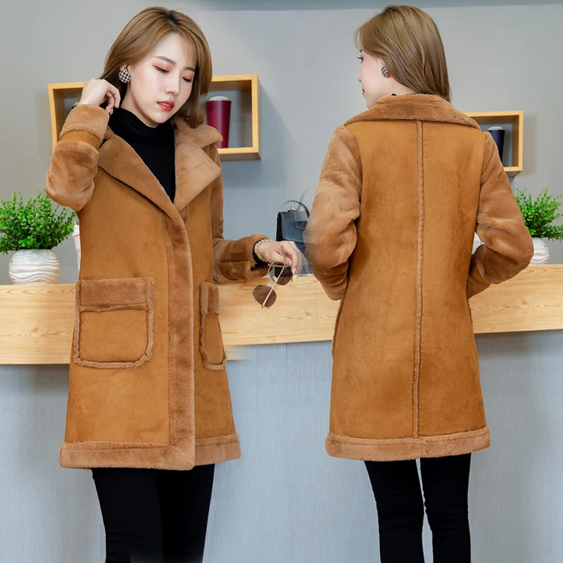 

2023 Winter New Mid-Length Lambswool Coat Women Korean lapel Thick Warm Cotton-Padded Jacket Loose Outerwear Female Tide H2018