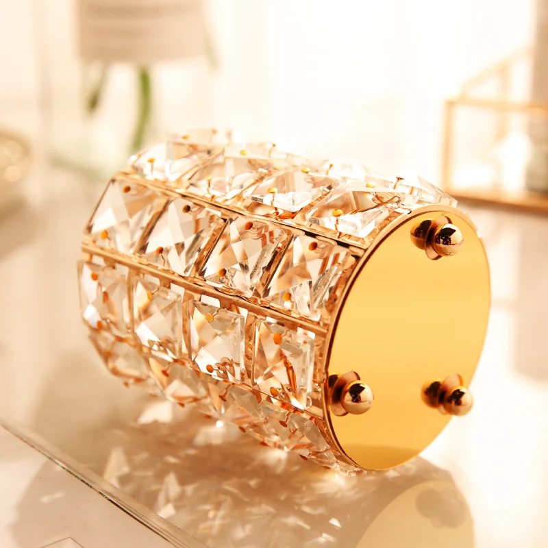 

European Cylinder Candle Holders Crystal Makeup Brush Pencil Container Metal Candle Stand Vases For Home Wedding Decor Pen Tube