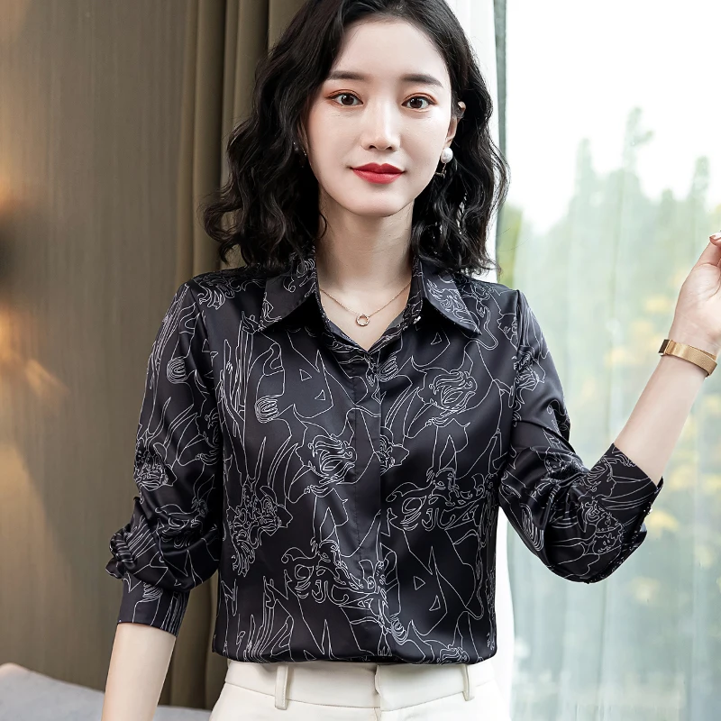 

Silk Satin Loose Women's Shirts New Fashion Blouses Line Printing Buttons Polo Shirts Autumn Casual Long Sleeve Blusas Houthion