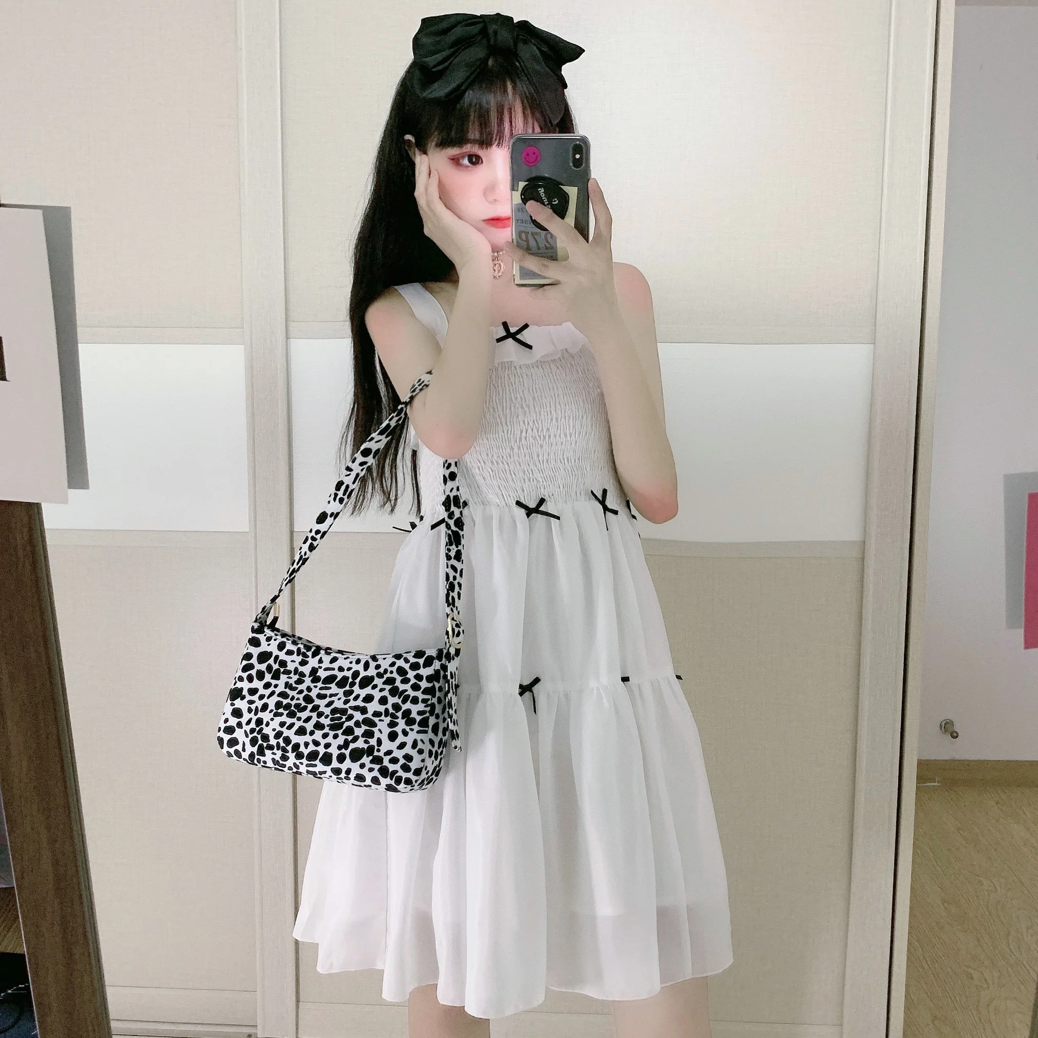 Женское платье в японском стиле милое летнее шифоновое с бантом юбка надписью First