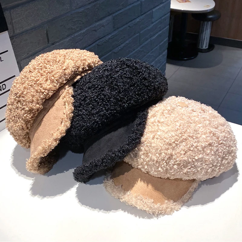 

Autumn Winter Women's Beret Warm Women Cap Ladies Octagonal Hat Black White Lambswool Outdoor Female Visor Soft Painter Berets