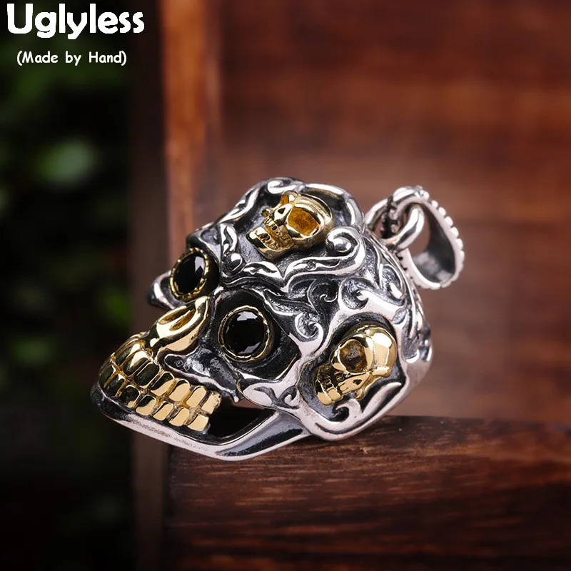 

Uglyless Cool S team Punk Men Skull Pendants NO Chains Skeleton Necklaces 925 Silver Guys Stage Dress Necklace Thai Silver P783