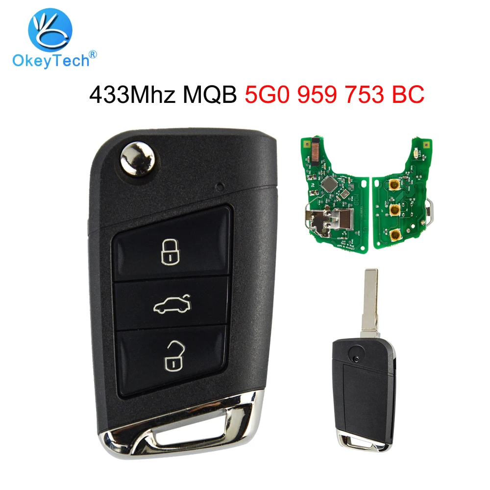 

OkeyTech for Volkswagen V W Golf MK7 Skoda Octavia A7 Remote Smart Car Key 5G0 959 753 BC 3 Button 433Mhz MQB Uncut HU66 Blade