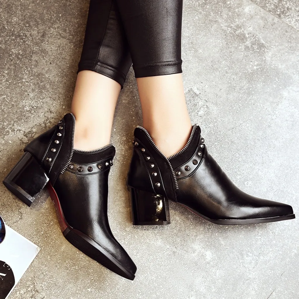 Женские ботильоны на среднем каблуке уличные крутые из толстой кожи # g3|Женские