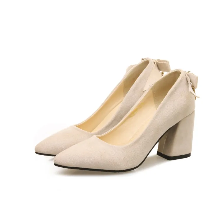 Женские туфли-лодочки на толстом каблуке с острым носком и бантом | Обувь