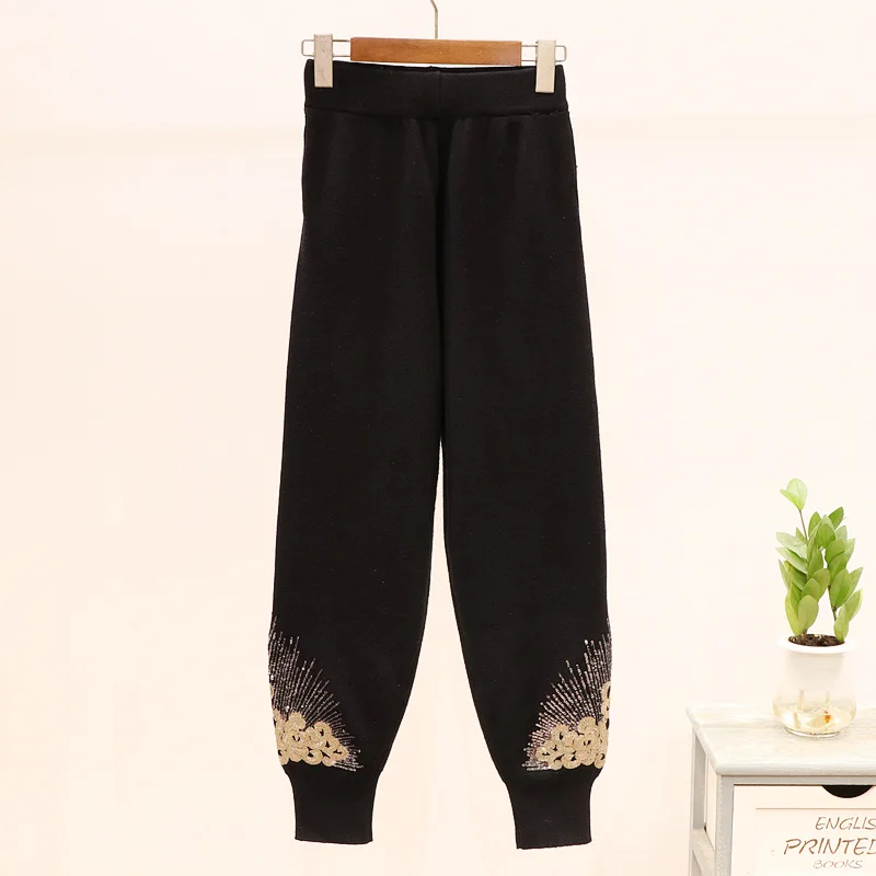 Комплект женских блестки с длинным рукавом вязаный свитер брюки Женский