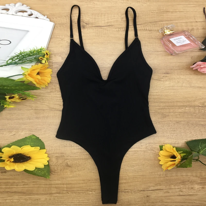 

Thong Bikini 2021 Sexy One Piece Swimsuit Solid Female Black Swimwear Women Backless White Brazilian Monokini Bathing Suit