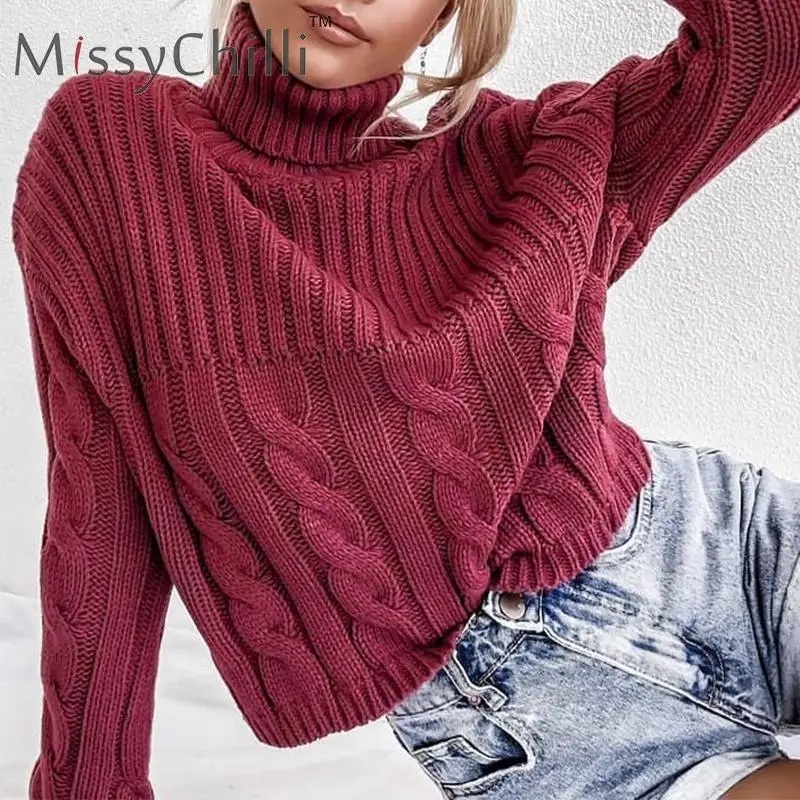 MissyChilli Wine red turtleneck jumper autumn sweater Winter woman knitting pullovers Long sleeve warm christmas | Женская одежда