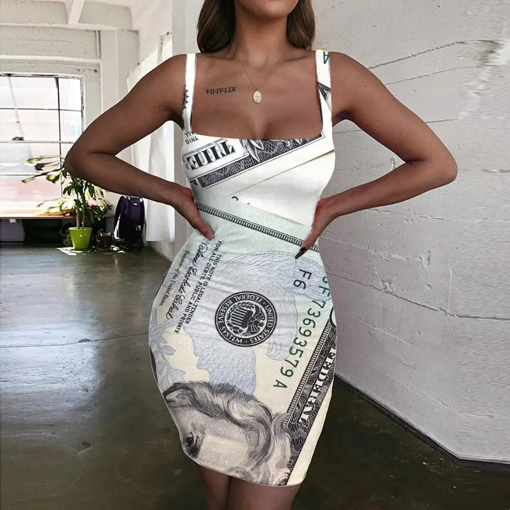 

Женское короткое пляжное платье KYKU, летнее облегающее платье с 3D-принтом долларов и денег
