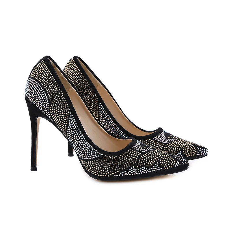 

2021 New Rhinestone High Heels Women Single Shoes Pointed Toes Black Sexy Sandals Diamonds Plus Size 35-42 Banquet Women's Shoes