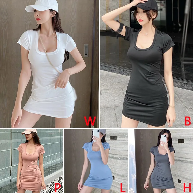 

Women's Clothes Ladies Sexy Summer Solid U Neck Slim Sexy Casual Short Sleeve T-Shirt Dress S M