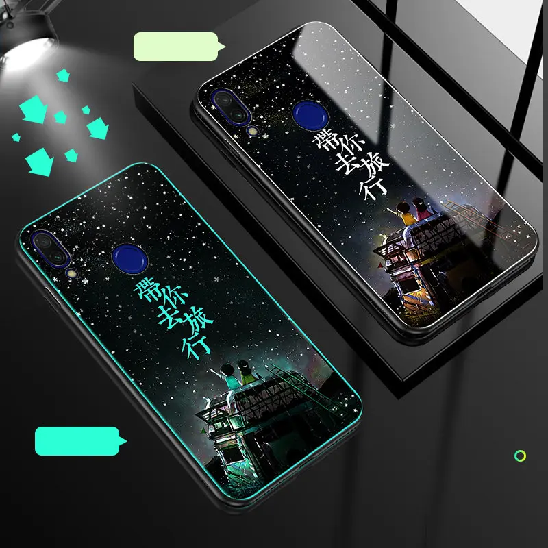 Чехол для телефона для Xiaomi Redmi Note 7, чехол, светящаяся, светящаяся, закаленное стекло, задняя крышка для Xiaomi Redmi Note 7 Pro, чехол, силиконовый